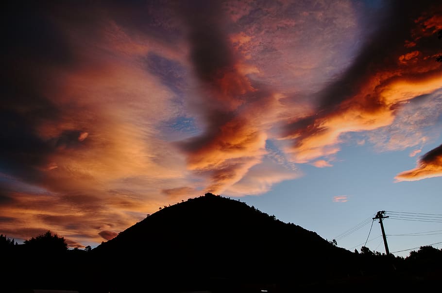 sunrise, sky, clouds, orange, hill, cloud - sky, silhouette HD wallpaper