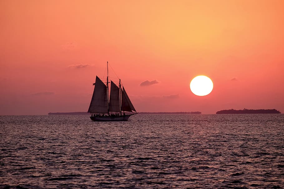 white sailboat on ocean, sea, water, sunset, nautical vessel HD wallpaper