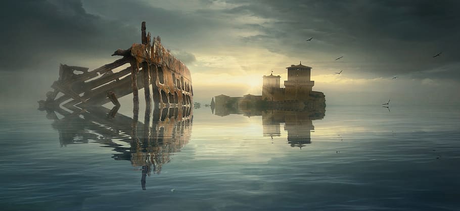 water, fantasy, wreck, ship, castle, island, landscape, reflection HD wallpaper