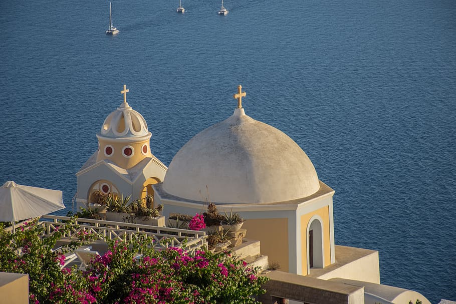 sea, domes, architecture, holiday, greece, blue, summer, island HD wallpaper