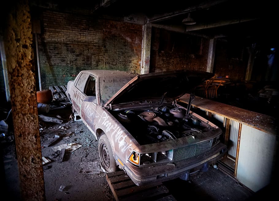 wrecked black car, abandoned, obsolete, damaged, old, run-down HD wallpaper