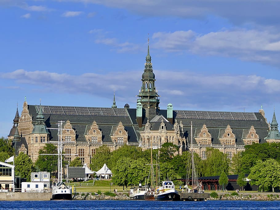 nordic-museum, boat, lake, building, stockholm, sweden, yk, HD wallpaper