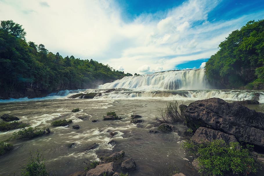 waterfall, sky, tree, plant, beauty in nature, scenics - nature HD wallpaper
