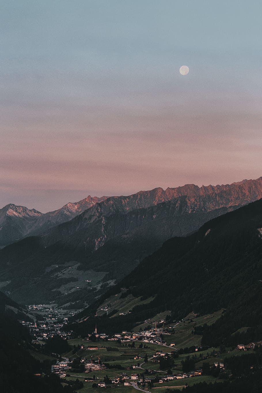 aerial photography of mountain, ridge, sunset, sunrise, moon HD wallpaper