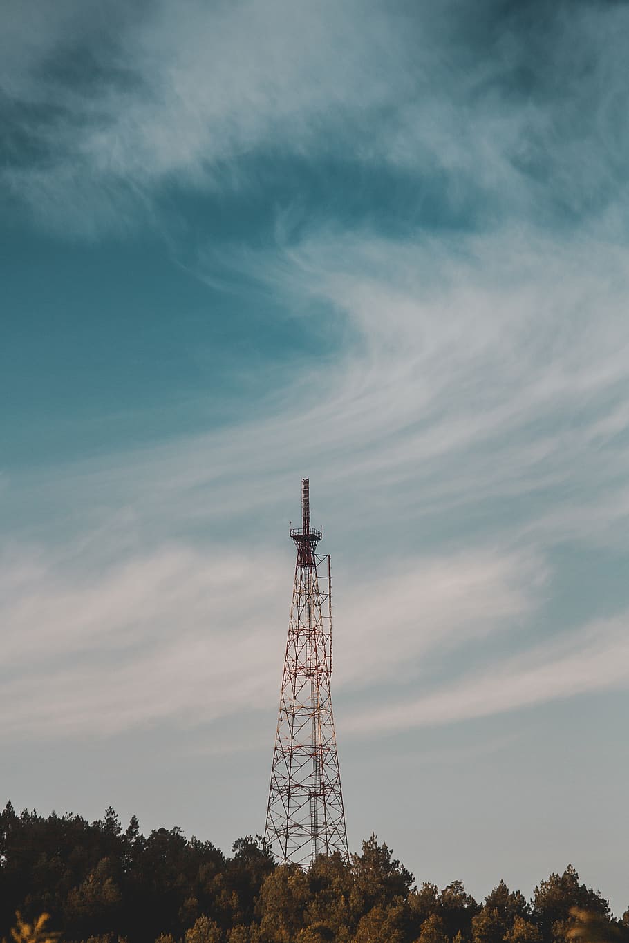 brown tower behind trees, power lines, cable, electric transmission tower HD wallpaper