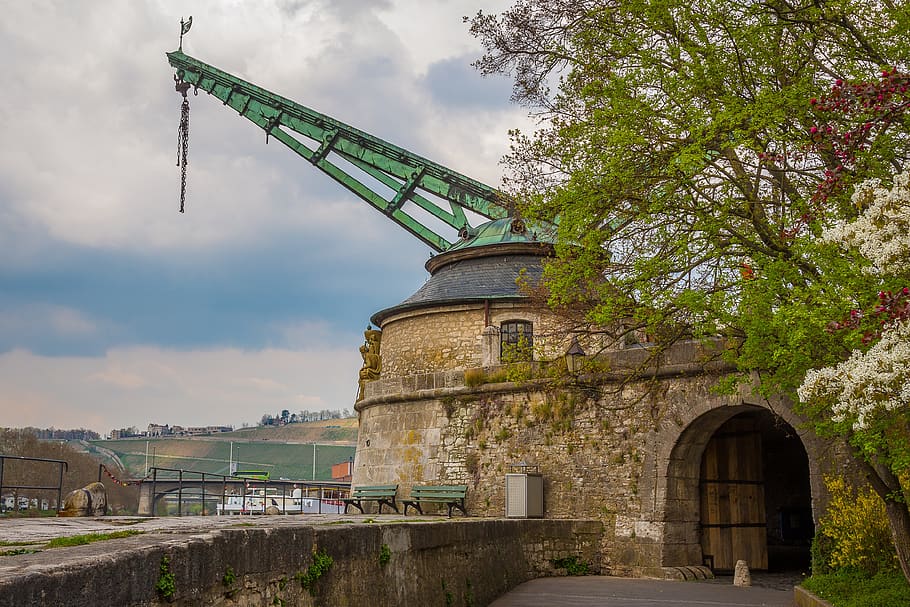 würzburg, crane, cranes, port, swiss francs, harbour crane, HD wallpaper
