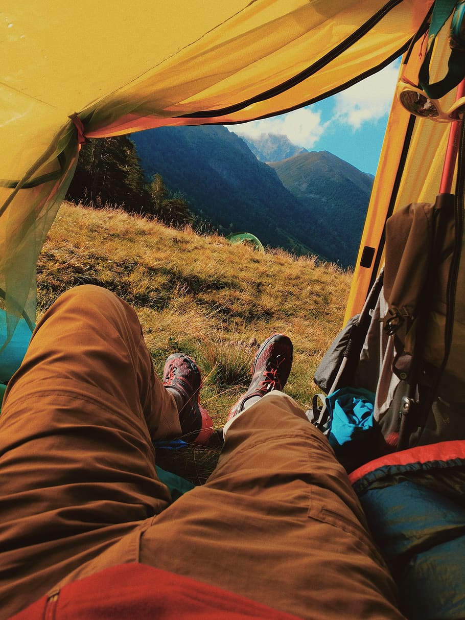 person lying inside tent, real people, men, leisure activity HD wallpaper