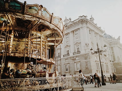 brown carousel beside building, person, human, madrid, españa HD wallpaper