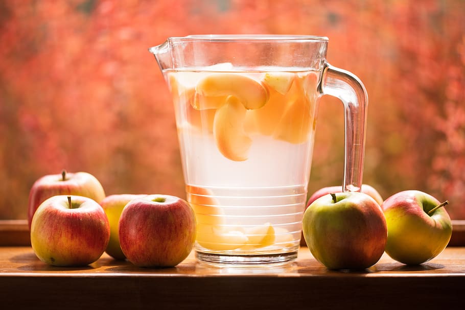 glass pitcher and apples on table, produce, food, fruit, flora HD wallpaper