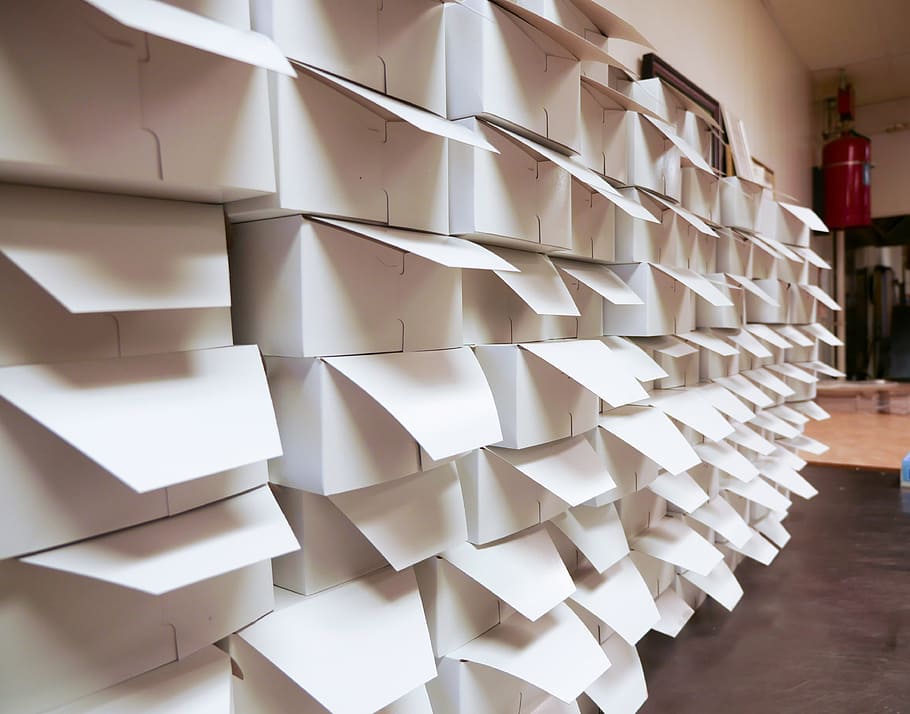 A stack of donut boxes in a warehouse, stacked, white, package HD wallpaper