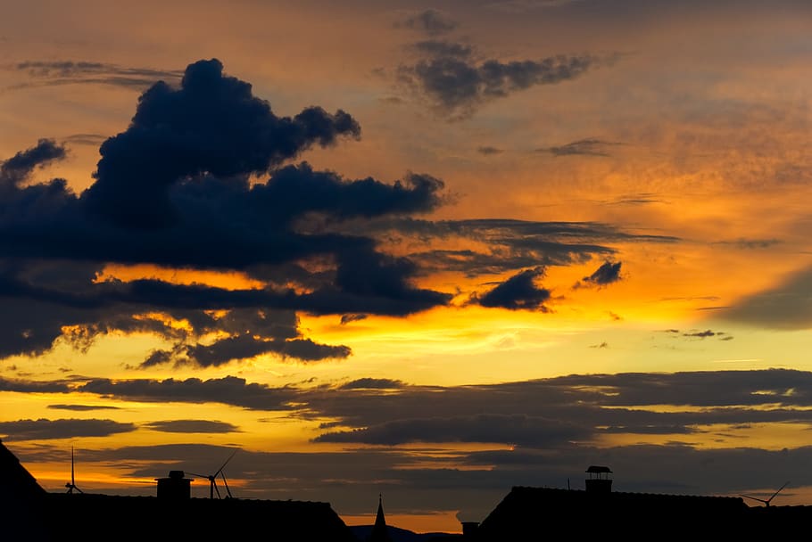 sunset, clouds, skyline, roofs, windräder, silhouette, landscape HD wallpaper