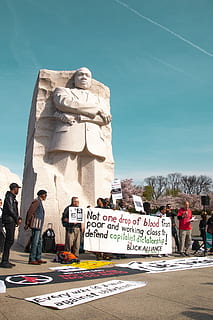 people standing beside statue, person, human, banner, text, crowd HD wallpaper