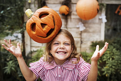 Orange Pumpkin on Girl's Head, activity, autumn, blond, blur HD wallpaper