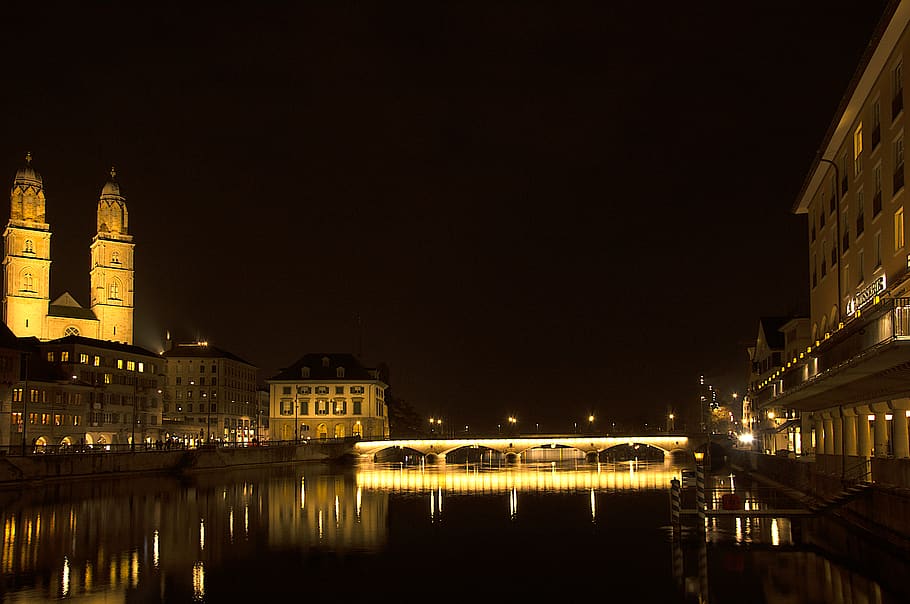 night, lights, river, city, reflection, bridge, nightlife, water HD wallpaper