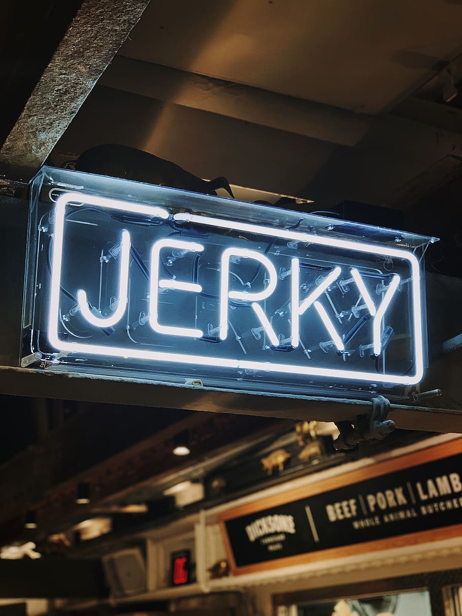 Jerky neon signage, food, meal, light, shop, deli, alphabet, text HD wallpaper