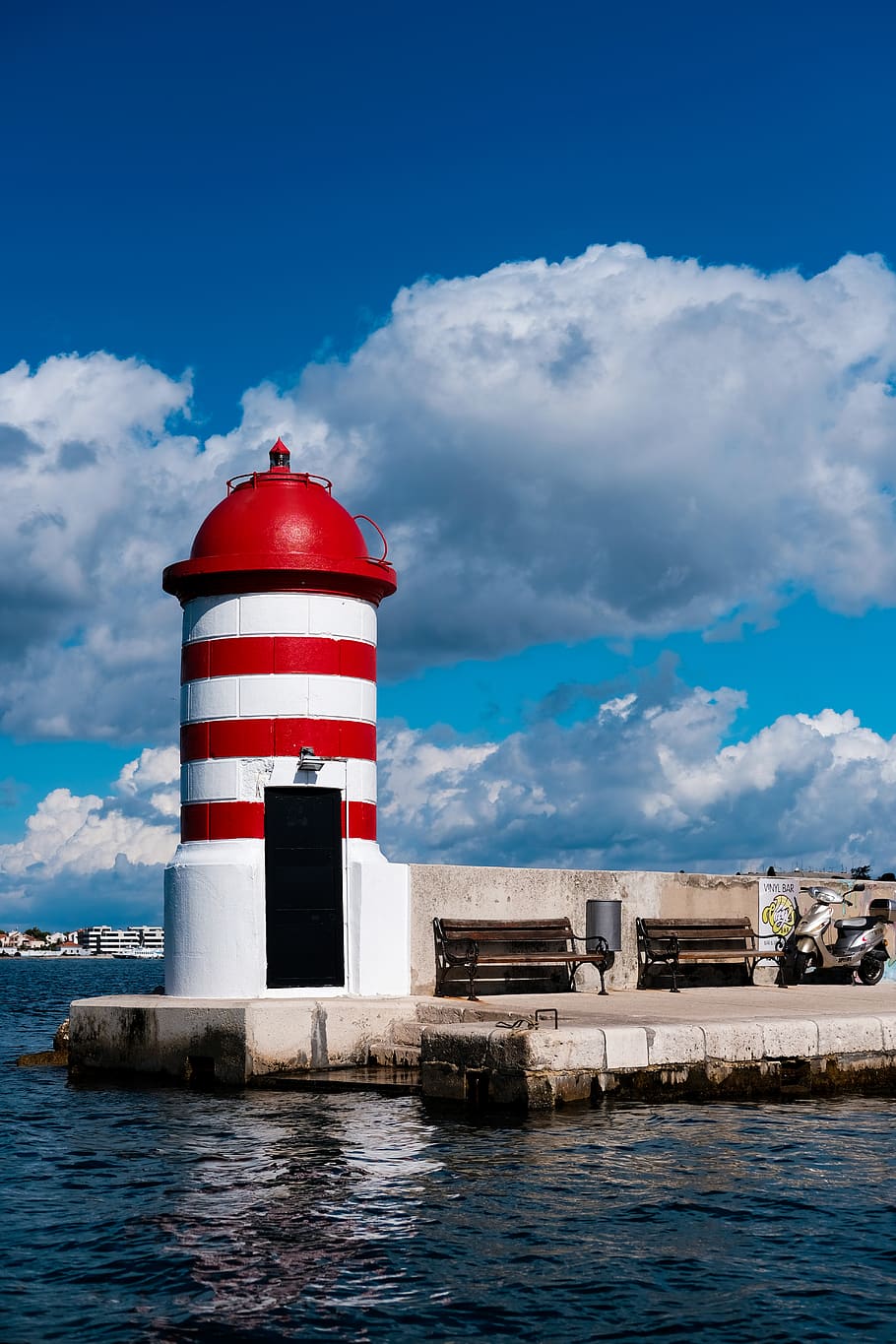 Gray Motor Scooter Parked Near White and Red Lighthouse, architecture HD wallpaper