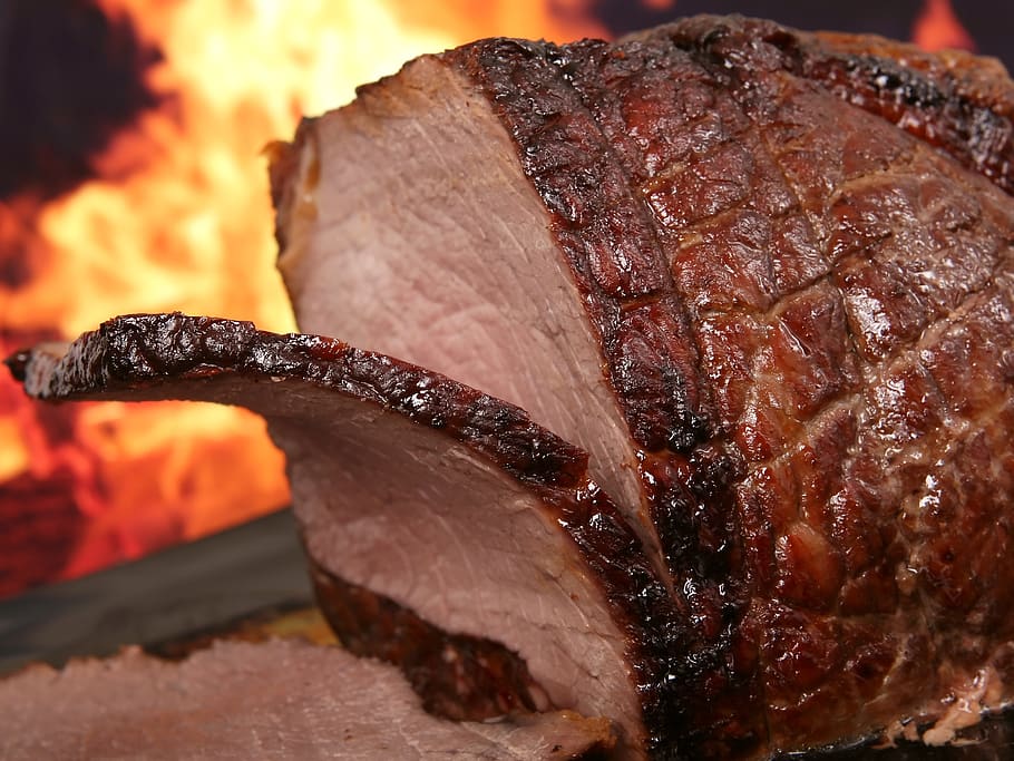 Grilled Ham, blur, close-up, dinner, fire, flame, flaming, focus HD wallpaper