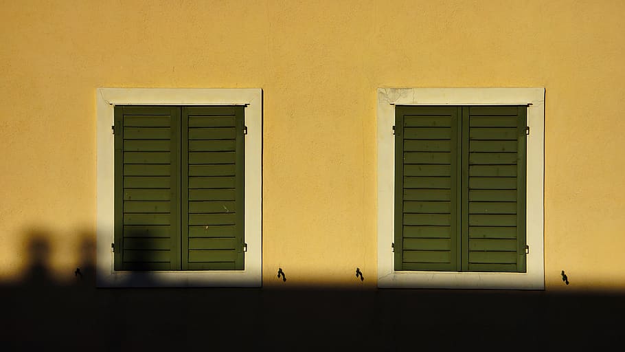 wall with two windows, shutter, window shade, curtain, home decor HD wallpaper