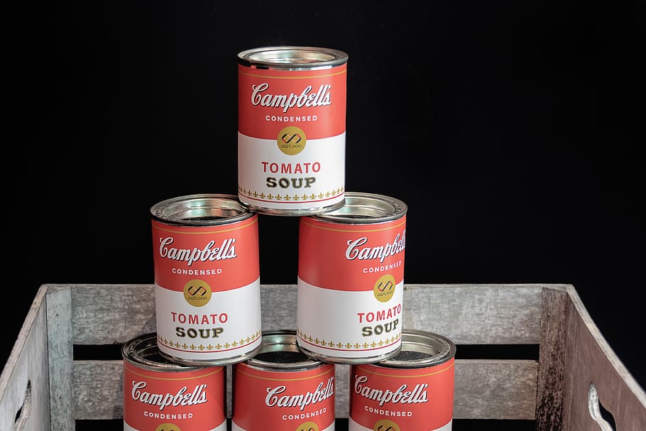 pile up of Campbell's tomato soup cans, text, western script, HD wallpaper