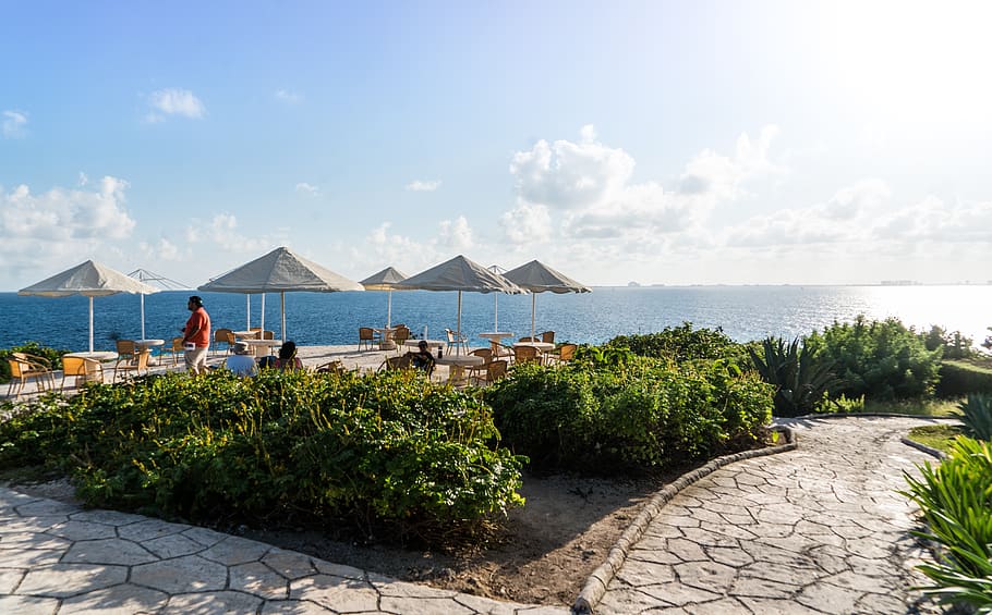 caribbean, mexico, ocean view, dining, sea, cancun, travel HD wallpaper