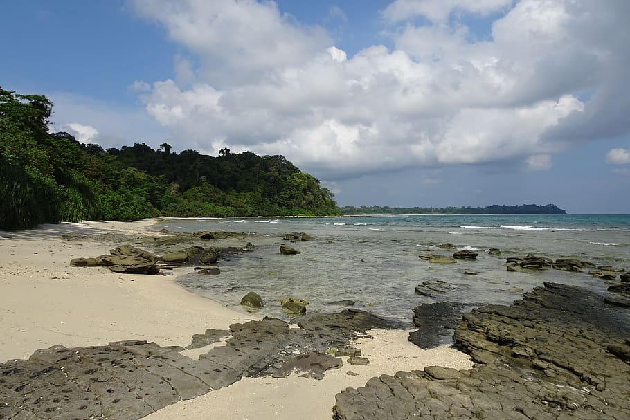 beach, rocky, coral reef, smith island, andaman, clouds, scenery, HD wallpaper