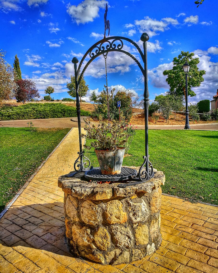 architecture, well, water, trim, plant, tree, sky, nature, grass HD wallpaper