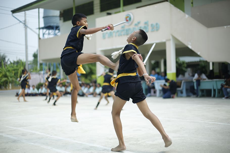 Photography of a Boy Kicking Another Boy, action, activity, attack HD wallpaper