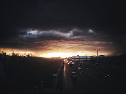 light breaks during dawn over city, nature, weather, road, outdoors HD wallpaper