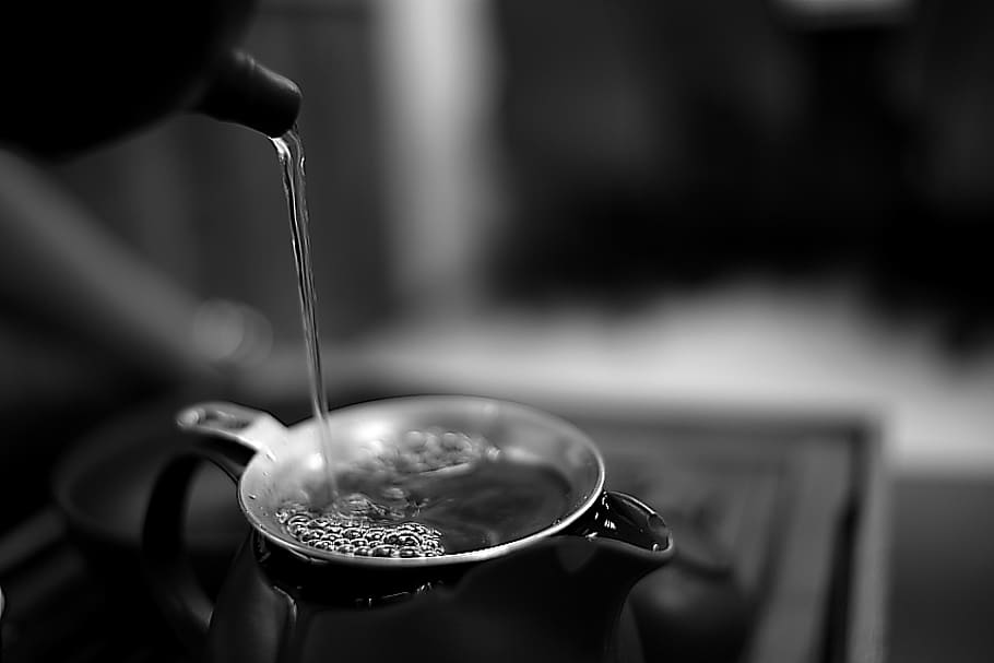 Gray Scale Photo Teapot and Tea Glass, black-and-white, cup, drink HD wallpaper
