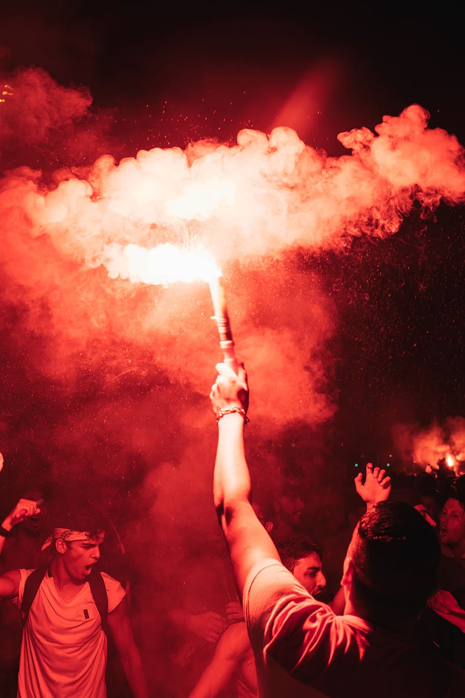 man holding fireworks, flare, celebration, demonstration, night HD wallpaper