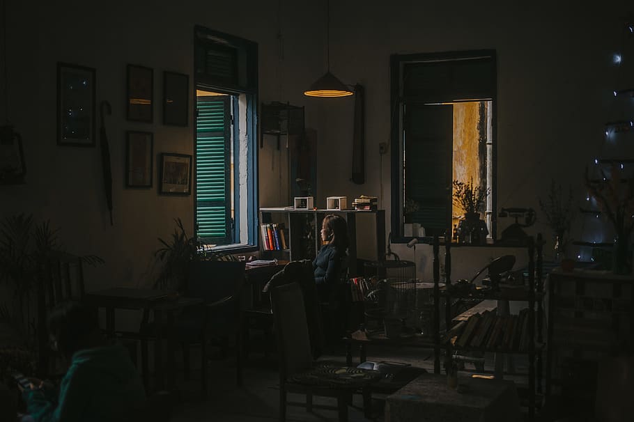 Woman Using Desktop, architecture, chair, dark, frames, furniture HD wallpaper