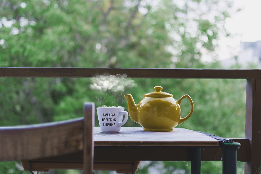 hot, cup, tea, teapot, drink, food, steam, chair, table, nature HD wallpaper