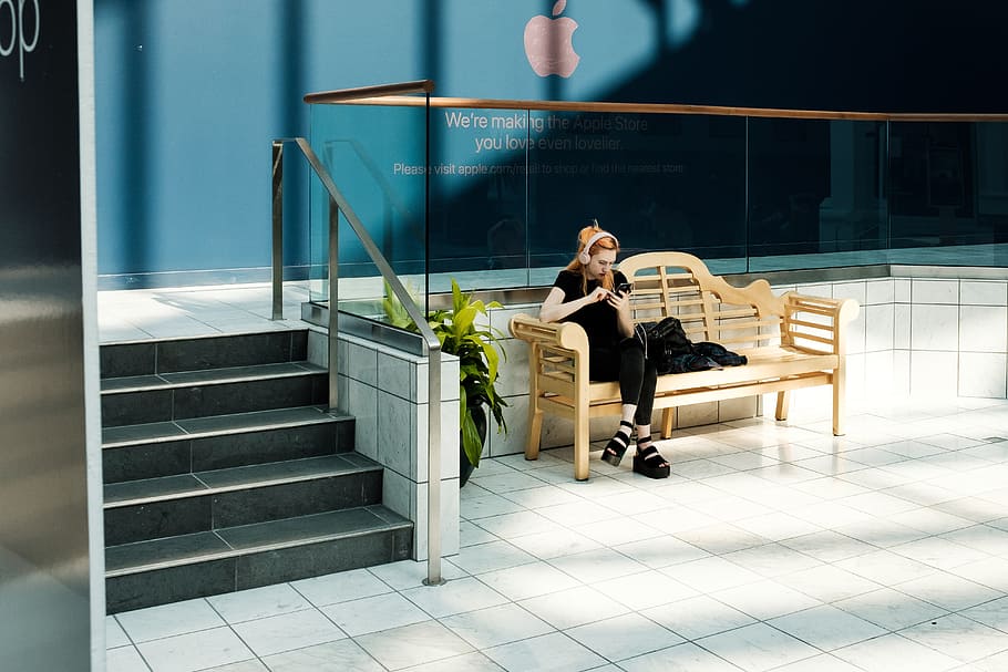 woman sitting on bench, person, stem, stair, undoor, interior HD wallpaper