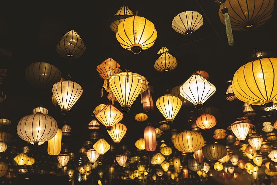 yellow sky lanterns at night, lighting equipment, illuminated HD wallpaper