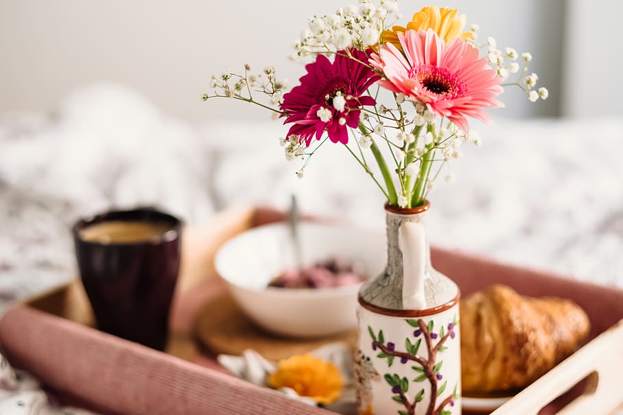 Pink and Yellow Gerbera Daisies in Vase, blurred background, bread HD wallpaper