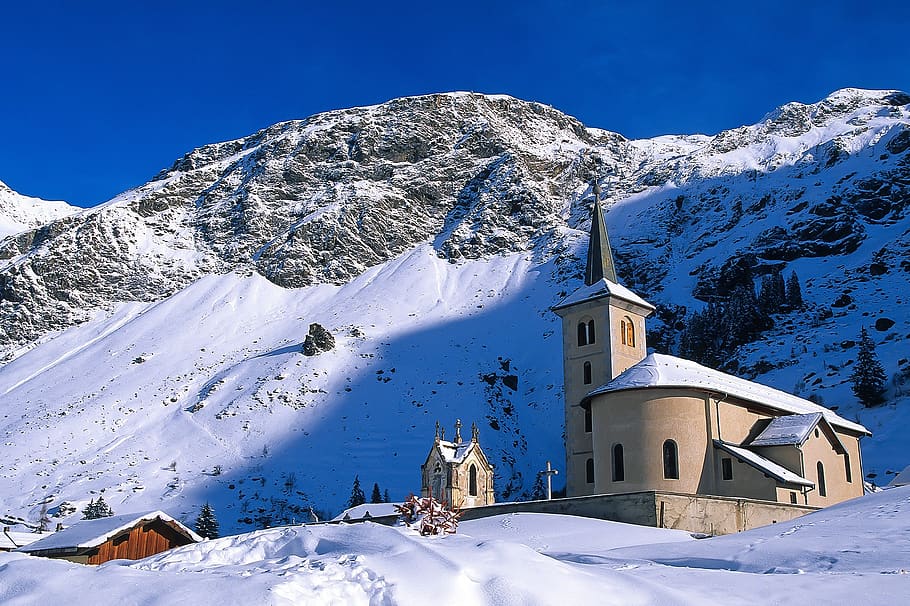 snow, winter, mountain, cold, mountain peak, church, france HD wallpaper