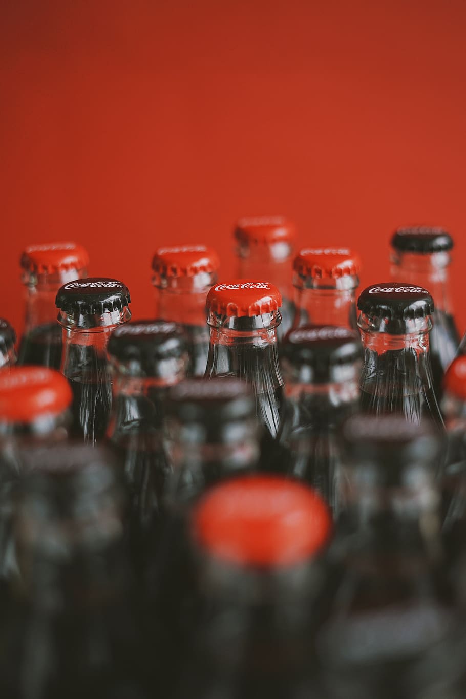 assorted-color glass bottles, selective focus, red, indoors, close-up HD wallpaper