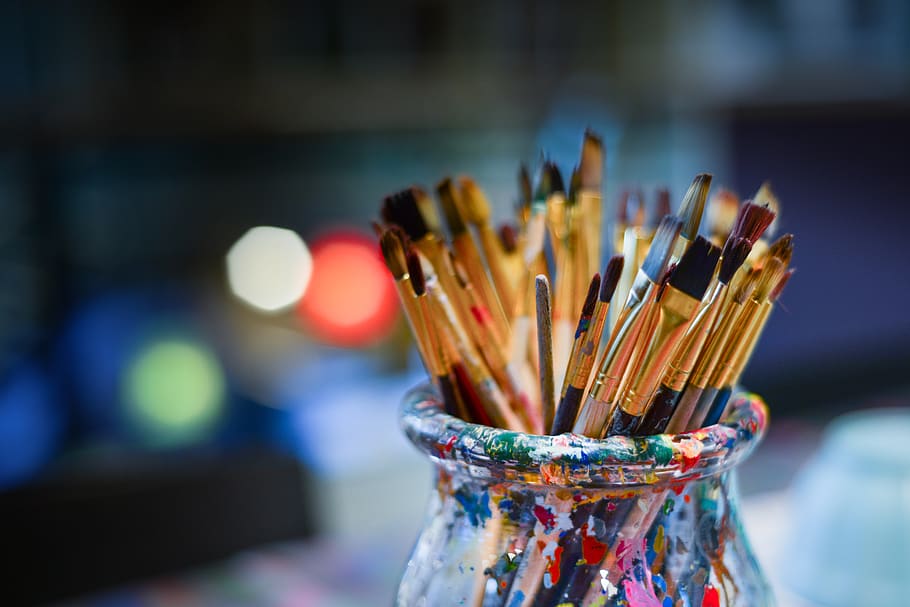 brushes, painter, work shop, bowl, lights, creative, creativity, HD wallpaper