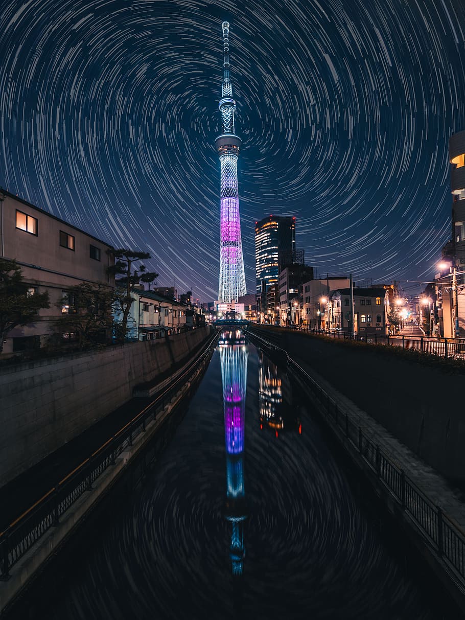 A Sky Full of Stars, nightscape, skyscraper, architecture, reflection HD wallpaper