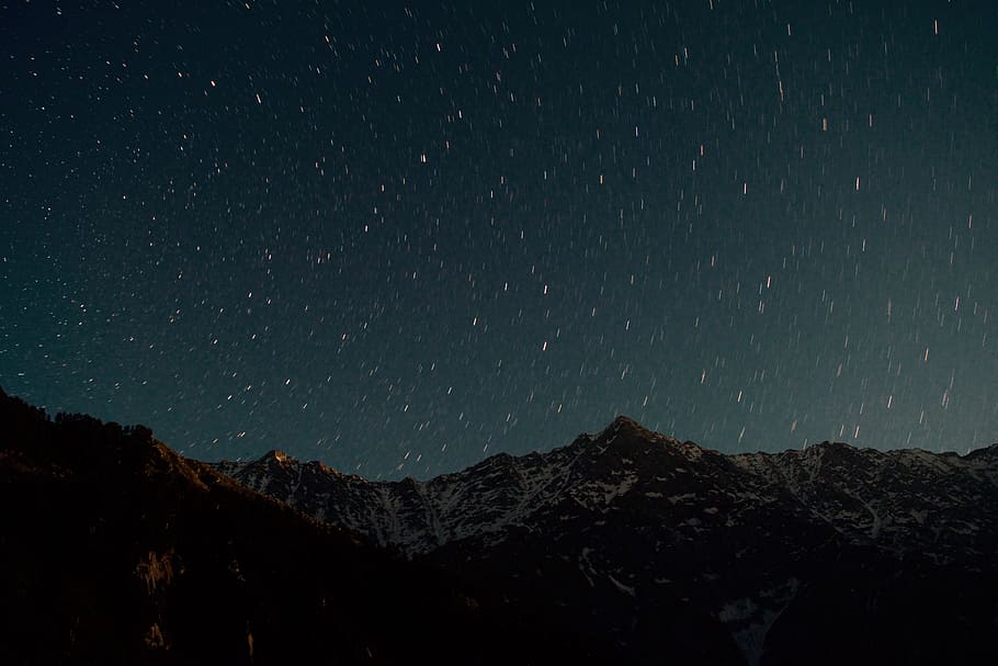 star at night scenery, mountain, sky, green, dark, landscape HD wallpaper