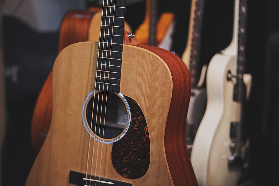 brown acoustic guitar, string instrument, music, musical instrument HD wallpaper