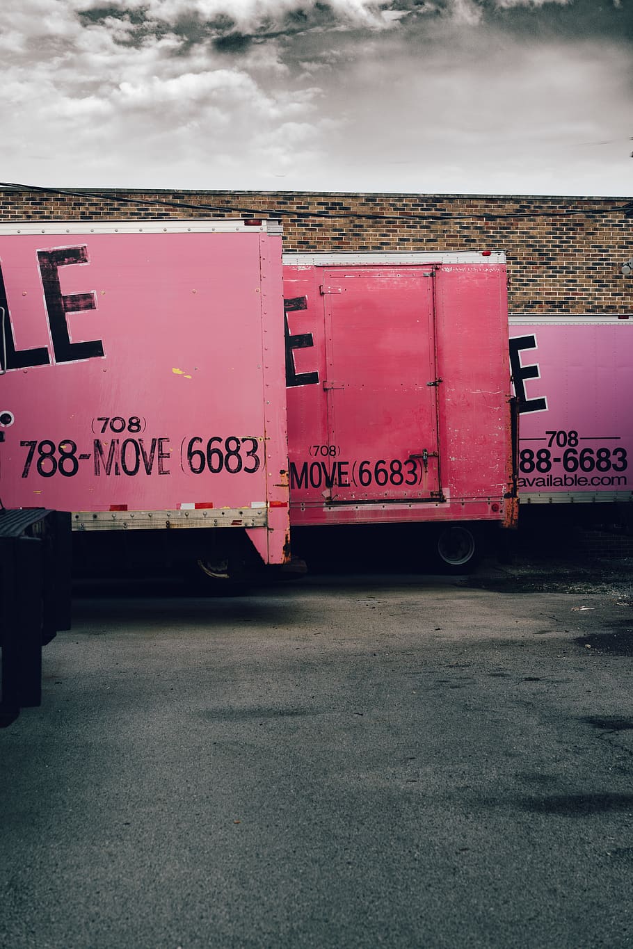 Three Assorted-color Box Trucks, building, landscape, outdoors HD wallpaper