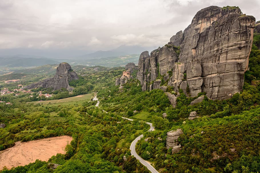 greece, meteora, rocks, monastery, overlook, hd wallpaper, hd background HD wallpaper