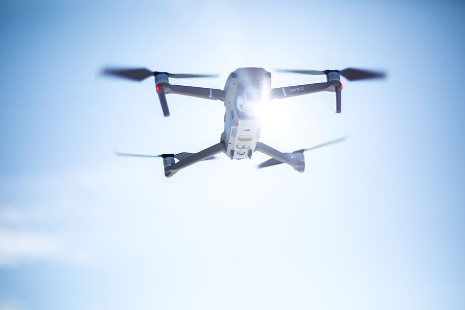 flying white drone, air vehicle, motion, airplane, sky, low angle view HD wallpaper