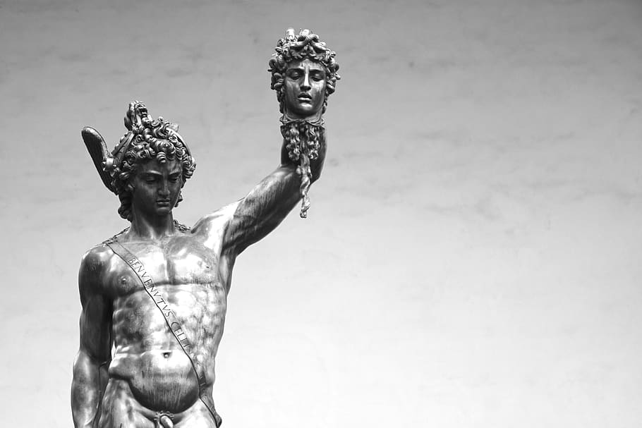italy, florence, perseus, medusa, black and white, statue, sculpture