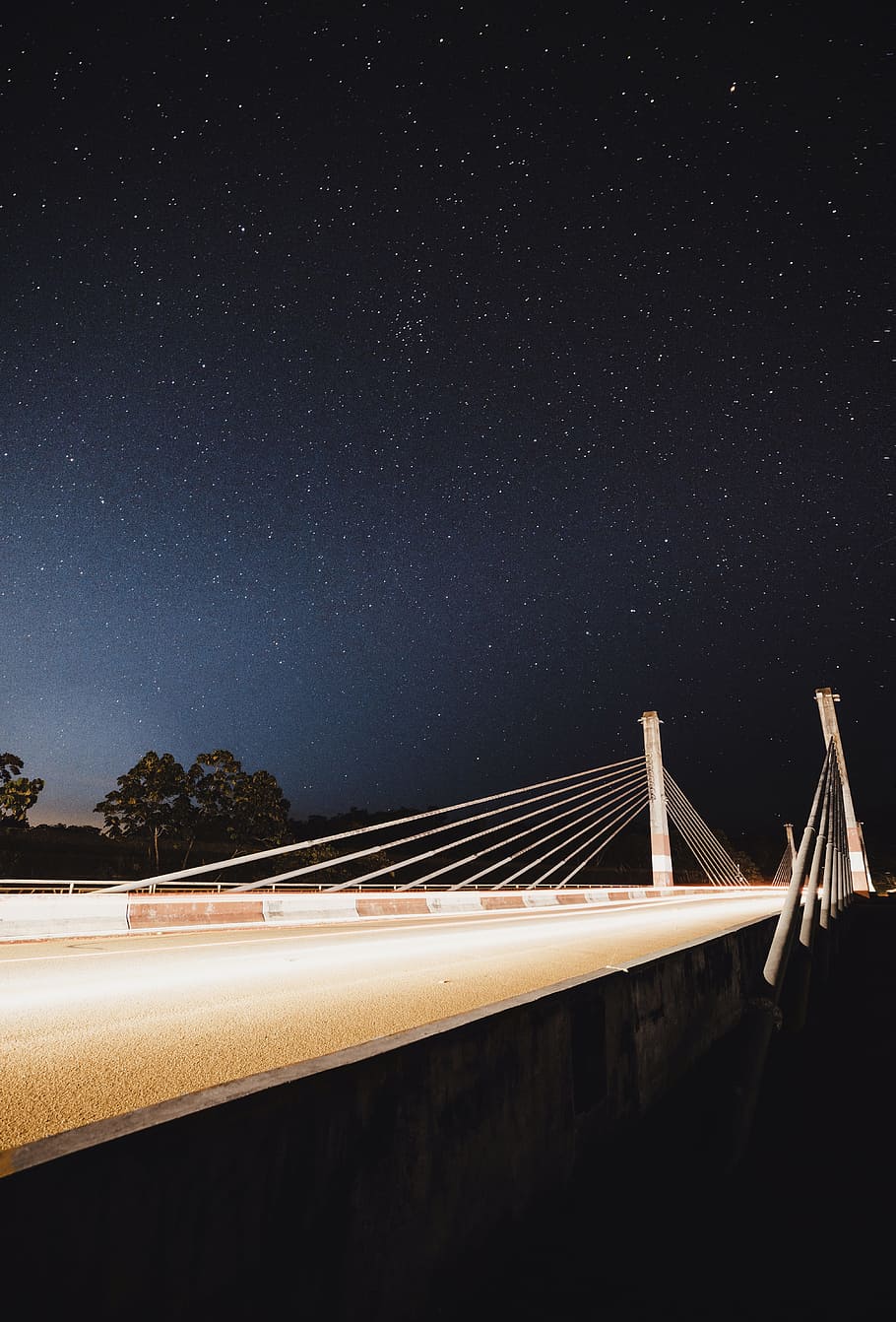 photo of suspension bridge during nighttime, sky, star, blue HD wallpaper