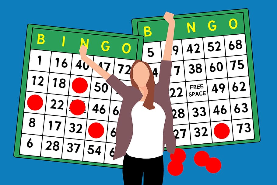 Illustration of woman with bingo cards, in winning pose., banknotes, HD wallpaper