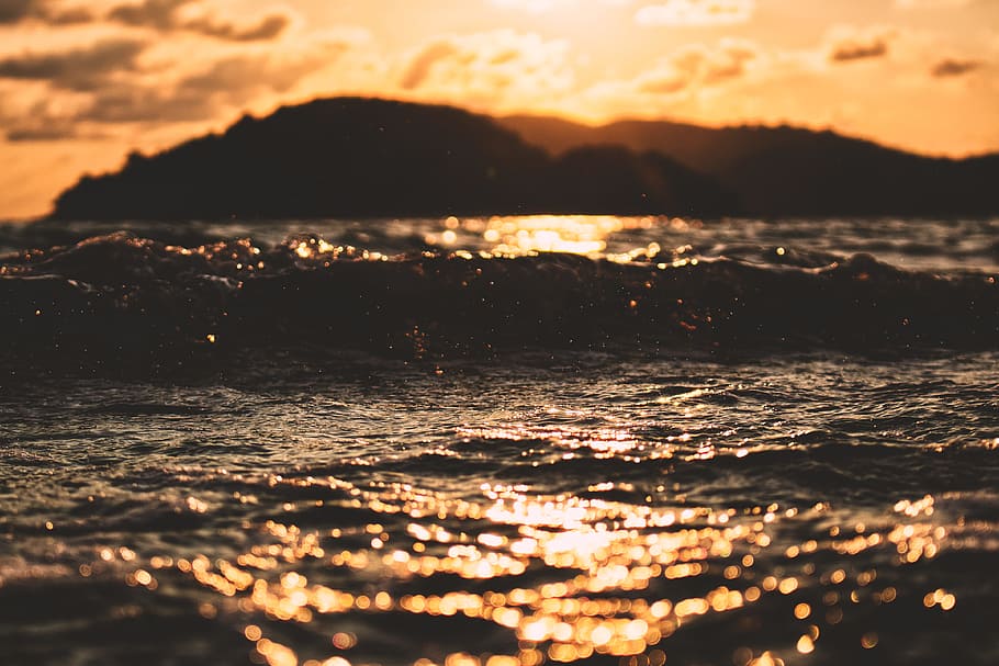 Wave in the Sun, water, mountain, cloudscape, orange, sunset HD wallpaper