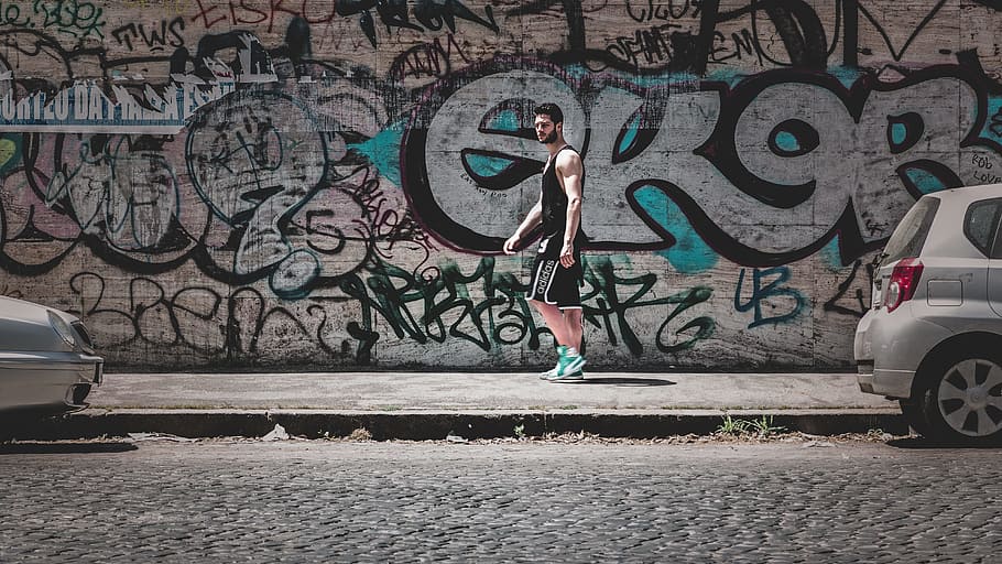 Man Standing On Sidewalk, graffiti, guy, pavement, person, street HD wallpaper