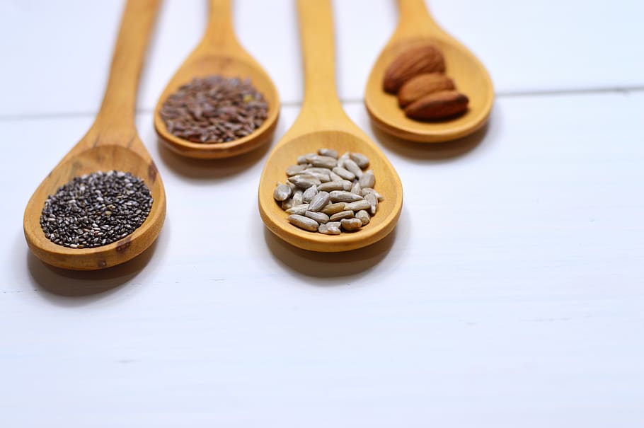 Four Brown Wooden Spoons Screenshot, almonds, close-up, herbs HD wallpaper